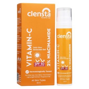 Clensta Daily Glow Sunscreen Gel SPF 50 PA++++ with Vitamin C, Niacinamide and Squalane, UVA/UVB Filters – No White Cast, Non-Greasy, Non-Sticky, Lightweight & Anti-Tan Formula With Fragrance