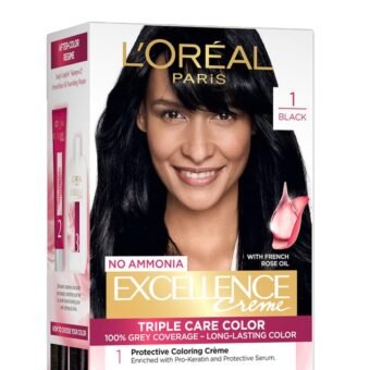 L’Oréal Paris Permanent Hair Colour, Radiant At-Home Hair Colour with up to 100% Grey Coverage, Pro-Keratin, Up to 8 Weeks of Colour, Excellence Crème, 1 Black, 72ml+100g