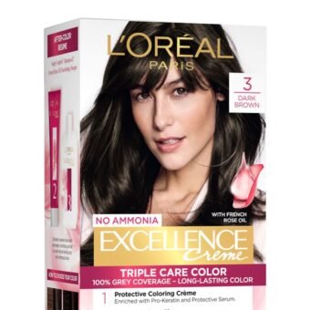 L’Oreal Paris Permanent Hair Colour, Radiant At-Home Hair Colour with up to 100% Grey Coverage, Pro-Keratin, Up to 8 Weeks of Colour, Excellence Crème, 3 Dark Brown, 72ml+100g