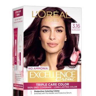 L’Oréal Paris Permanent Hair Colour, Radiant At-Home Hair Colour with up to 100% Grey Coverage, Pro-Keratin, Up to 8 Weeks of Colour, Excellence Crème, 3.16 Burgundy, 72ml+100g