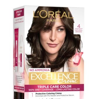 L’Oréal Paris Permanent Hair Colour, Radiant At-Home Hair Colour with up to 100% Grey Coverage, Pro-Keratin, Up to 8 Weeks of Colour, Excellence Crème, 4 Natural Dark Brown, 72ml+100g